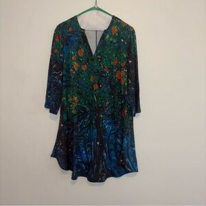 Azalea by Firmiana Abstract Blue Green & Orange Tree Long Scrub Shirt